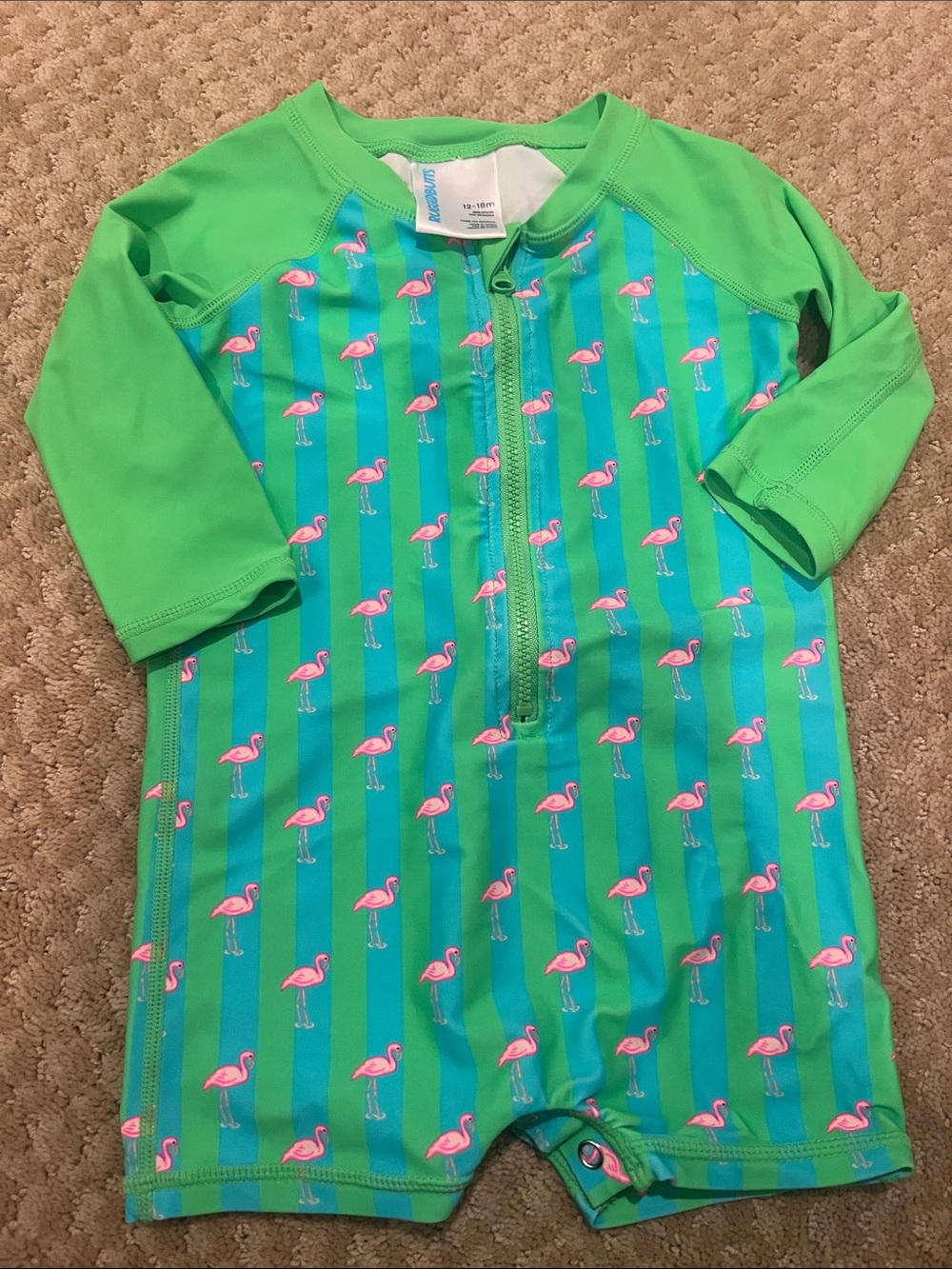 Rugged Butts boys Green Flamingo Zip-Front Rashguard Swimsuit